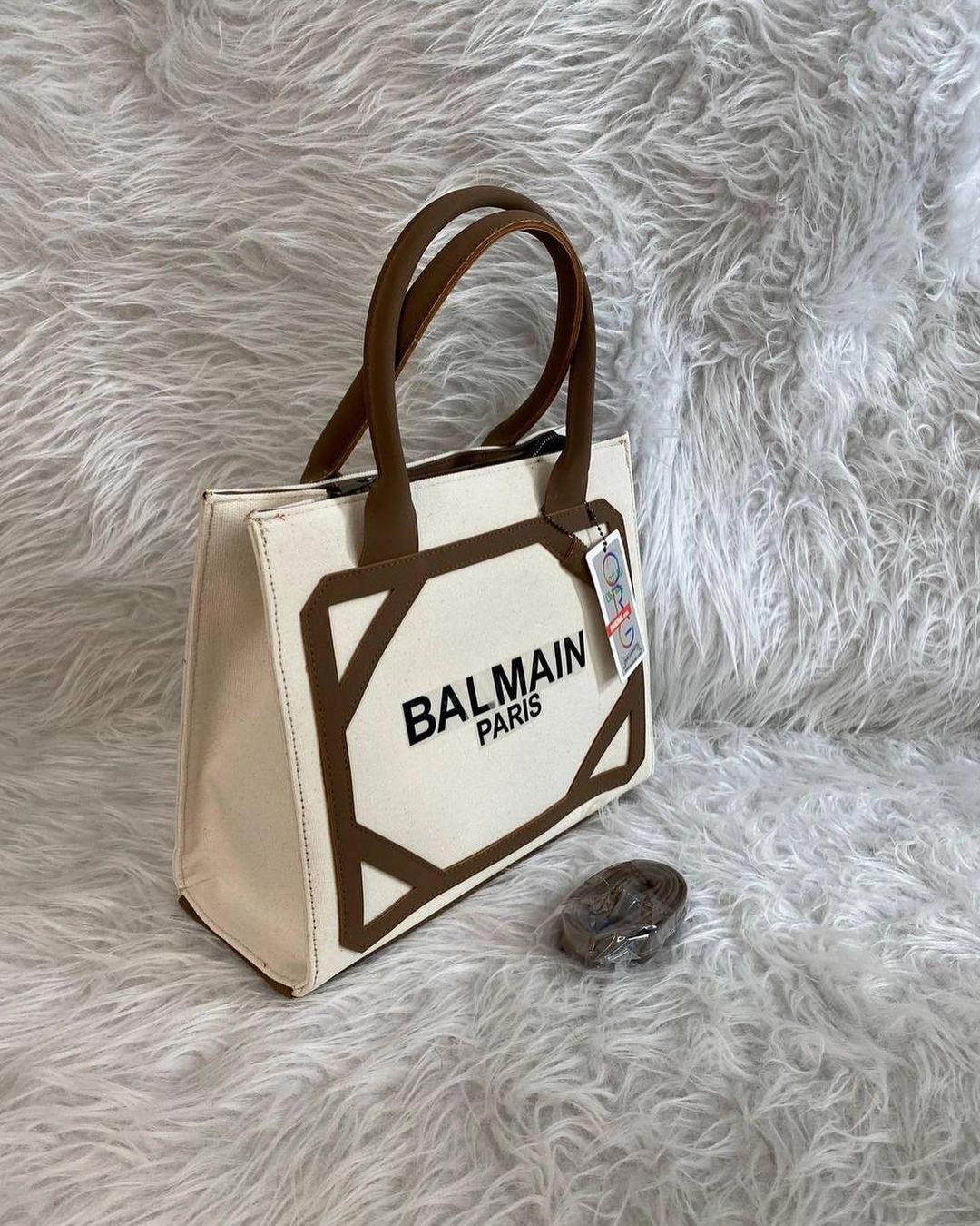 کیف دستی زنانه کتان بالمن BALMAIN سفید قهوه ای